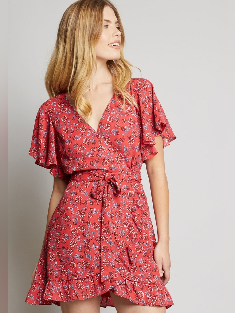 NWOT Jack By BB Dakota Floral Faux Wrap V-Neck Dress in Coral Size 4